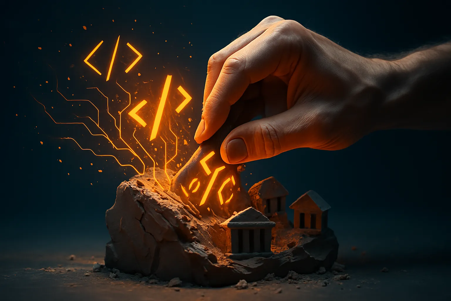 Mano scolpisce codice con simboli architetturali e concetti di programmazione